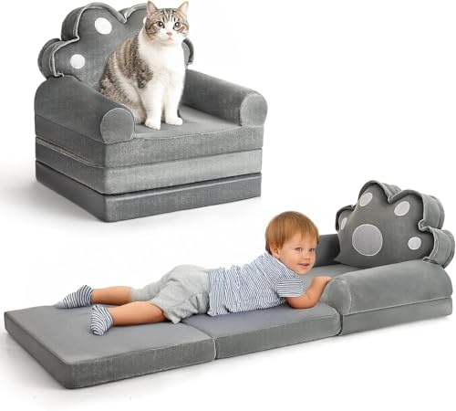LADIDA Kids Sofa - Foldable & Convertible 2-in-1 Toddler Sofa Chair & Lounger, Removable Washable Cover, Soft Breathable Fabric, No Assembly Needed,Suitable for Living Room and Bedroom (Grey Cat Paw)