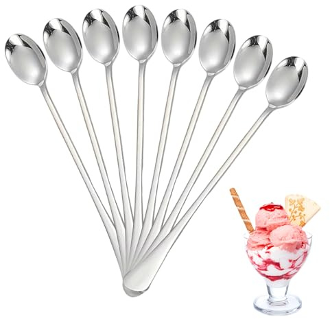 Cucharas Largas de Acero Inoxidable 8 Piezas - Cucharas de 20cm para Cócteles, Leche, Té y Bebidas Frías | Elegante juego de agitadores para cocina, bar, tazas altas y cocteleras.