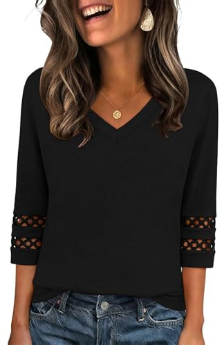 Zeagoo Blusa Mujer Elegante Túnica de Manga 3/4 Verano Camiseta Cuello en V Suelta Tops Shirt Bordado de Ojales Negro XL