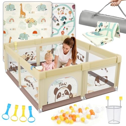 SPYLAVE Laufstall Baby 150x180cm mit Matratze, XL Laufgitter Baby mit Rutschfestem Boden & Atmungsaktivem Netz, 210D Oxford Gewebe, Stabiler & Sicherer Babyspielplatz, Playpen, 60 Bällen, 4 Griffe