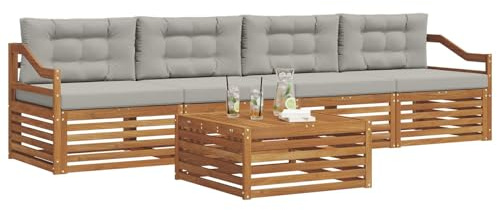 vidaXL Outdoor-Sofagarnitur mit Kissen 5 pcs Natürlich und Hellgrau, Gartenlounge, modernes Outdoor-Sofa, Sitzmöbel für die Terrasse, langlebige Komfort-Einheit