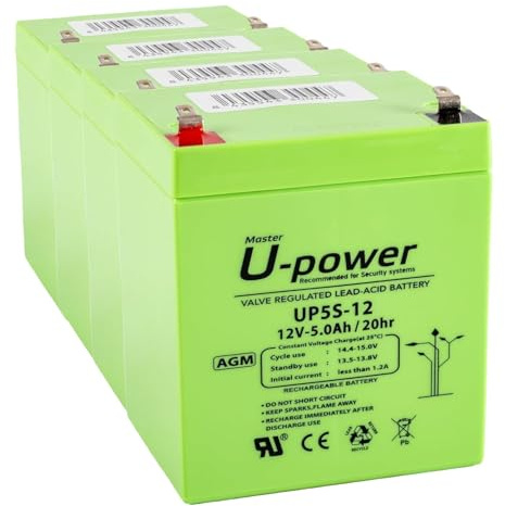 U-Power Batería AGM 12V 5Ah Sellada Recargable – Plomo-Ácido VRLA para Alarmas, SAI/UPS, Seguridad, Juguetes Eléctricos y Más – Terminal Faston F1 (4.8 mm) (Paquete de 4)