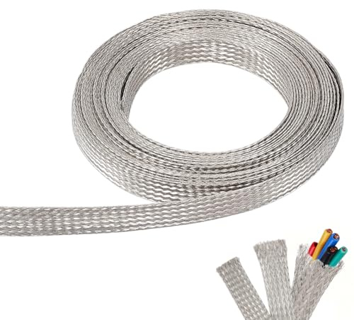 NBEADS Guaine per Cavi Intrecciate In Rame Stagnato Da 5m, Manicotto di Schermatura A Rete Piatta Color Platino Largo 12mm Copertura Protettiva per Cavi per La Protezione Dai Disturbi Del Fil