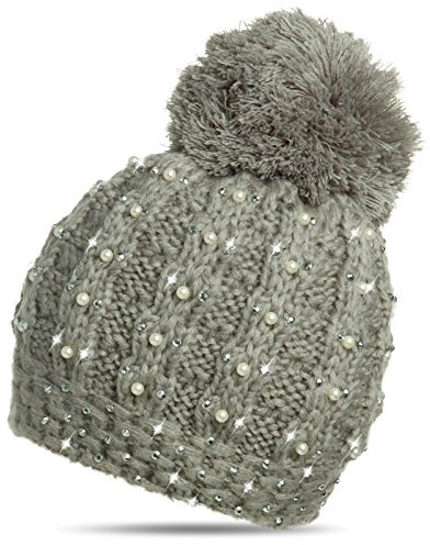 Caspar MU106 Damen Winter Mütze Bommelmütze mit Perlen und Glitzer Strass, Farbe:grau, Größe:One Size