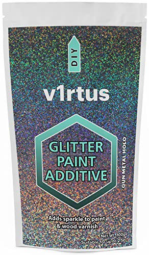 v1rtus Glitter Paint Additive - Gun Metal Grey Holographic | Metallic Flakes for Adding Sparkle to Paints & Wood Varnish | Add to Emulsion, Acrylic & Latex for Indoor Sparkly Walls | 100 g