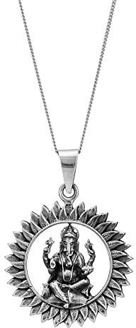 81stgeneration Große Halskette mit Sitzendem Ganesh-Medaillon aus Sterlingsilber Unisex | Schwerer Anhänger aus 925er Silber mit Großem Sonnenmandala und Sitzendem Ganesha an einer Panzerkette