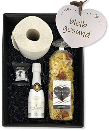 Geschenkbox 'Alles wird gut!' / für Frauen/Klopapier/Toilettenpapier/Sekt/Notfallbox, Holzherzen:Großes Holzherz 'Bleib gesund'