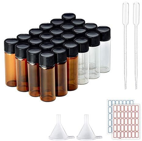 DONQL 24Pcs Klein Braunglasflasche Tragbare Ölflasche Leer Glasflaschen Mini Glasflaschen 5ml mit Trichter Tropfer und Aufkleber für Ätherisches Öl Aromatherapie Parfüm Massage Kosmetik Behälter