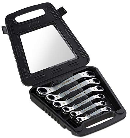 Relaxdays Ringratschenschlüssel Set 6-teilig, 6-15, 17 & 19 mm, im Koffer, umschaltbare Ratsche, Ringschlüssel, silber