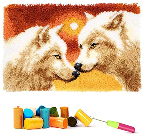 EMISTEM Latch Hook Kits for Adults - DIY Latch Hook Rug Kits for Kids, Crochet Kit for Beginners, Rug Making Kits with Printed Canvas, Gift Packaging.(White Wolf King, 20x15)