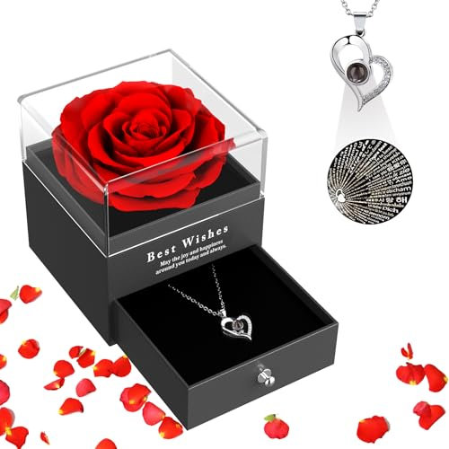 SANOTO Rosa Stabilizzata Vera con Collana, Idee Regalo Donna Fidanzata Compleanno Anniversario Matrimonio San Valentino Natale Festa Della Mamma