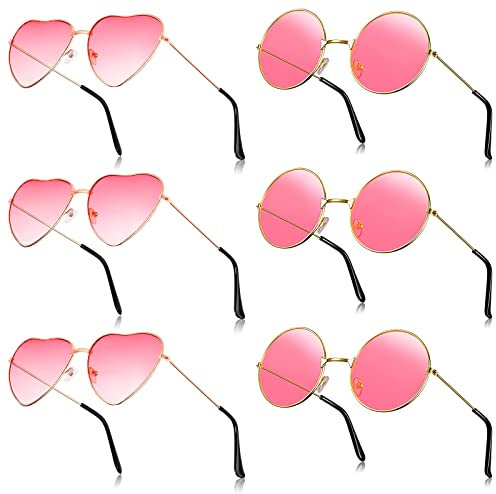 BBTO 6 Paar Hippie Sonnenbrillen Set Herzförmige Brillen Runde Partybrillen Retro Festival Brillen für Damen Herren (Rosa)