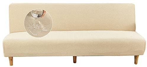 Surwin Imperméable Housse de Clic Clac élastique Canapé 2/3 Places, Housse de Canapé sans Accoudoir Couverture de Canapé-lit Universel Tout Couvert Canapé Pliant Protecteur (Crème,3 Places)
