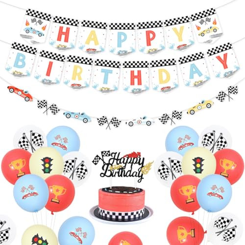Vintage Rennauto Geburtstag Party Dekorationen, Retro Pastell Racing Party Dekorationen für Jungen - Rennauto Happy Birthday Banner, Cake Topper, Let's Go Racing Party Dekor für 1. 2. 3. Geburtstag