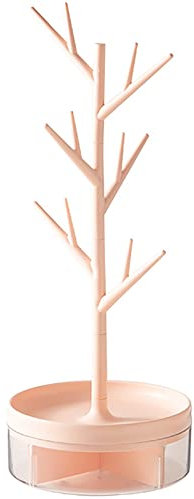 Rotating Jewelry Organizer Stand, 3 in1 Jewelry Tree Stand, Necklace Holder Display with Acrylic Tray for Earrings Necklaces Bracelets Watches Rings -14.56 Inch High (Pink)