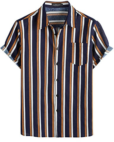 LucMatton Hawaiihemden für Herren, Baumwolle, Leinen, traditionelle Motive, Kurzarm, Knopfleiste, marineblau/weiß, Klein