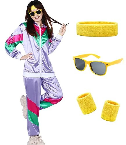 Alaiyaky 80er 90er Jahre Outfit Herren Damen, 80er Trainingsanzug mit Jacke Hose Schweißbänder Sonnenbrille, 90er 80er Jahre Kleidung Bad Taste Outfit für Karneval Halloween Paare (Lila, S)