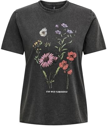 ONLY Damen Onllucy Reg S/S Top JRS Noos, Black/Print:flowerchild, M