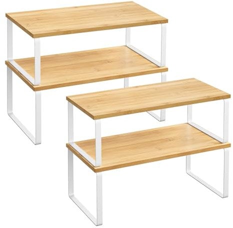 SONGMICS Spice Rack, Set of 2 Cupboard Shelf Organisers, Expandable Kitchen Shelf Organiser, Stackable Spice Holder, Metal and Engineered Wood, Cloud White and Natural Beige KCS210W01