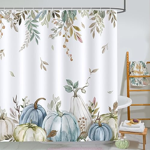 Bonhause Duschvorhang Herbst Kürbis Grünes Blatt Ernte Erntedankfest Duschvorhänge 180 x 180 cm Anti-Schimmel Wasserdicht Polyester Stoff Waschbar Bad Vorhäng für Badzimmer mit 12 Haken