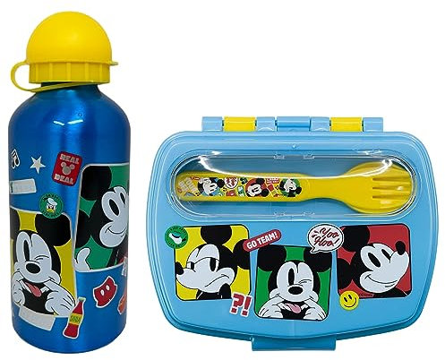 Set pranzo per bambini 2 pezzi Topolino Disney, borraccia in alluminio e portamerenda con posate, bottiglia 560 ml e contenitore portapranzo con forchetta e cucchiaio