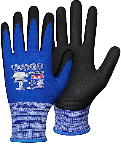 KAYGO Safety Work Gloves MicroFoam Nitrile Coated 3 Pairs, KG18NL | 15G Seamless Knit Nylon Liner, Breathable, High Dexterity, Non-Slip Grip in Oily for Warehouse, Automotive, DIY (Blue, M)
