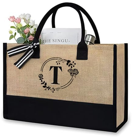 Soulnioi Baumwoll-Jute-Einkaufstasche, wiederverwendbare Einkaufstasche, personalisierte Blumen Buchstaben bedruckte Tasche für Damen/Herren, wiederverwendbare Segeltuch-Strandtasche, Geschenktasche