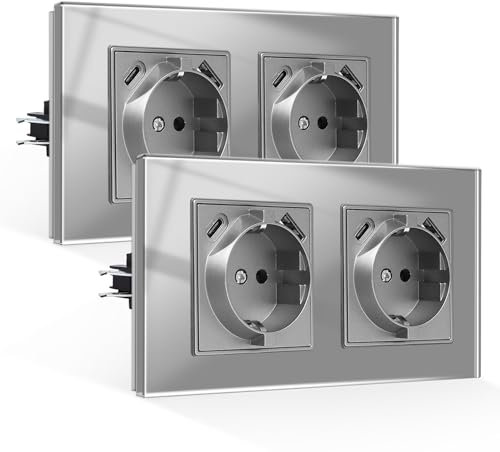 2er-Pack CNBINGO Doppelsteckdose mit USB Anschluss, 2× (USB-A und Typ-C Port Max.2,1 Amp total), Unterputz Steckdose mit Krallen, Schuko Steckdose mit Glasrahmen in Grau, 2-Fach