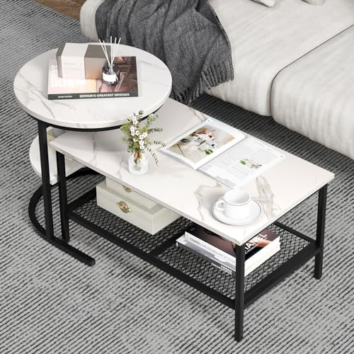 GIANTEX Beistelltisch 2er Set, Couchtisch Set Marmor Optik, Wohnzimmertisch Holz mit Metallrahmen, Tisch Wohnzimmer Sofatisch Modern, Satztisch Couchtisch Kaffeetisch für Wohnzimmer Schlafzimmer