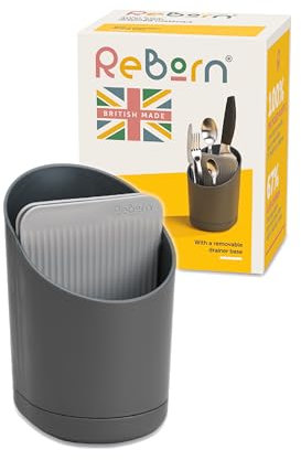 ReBorn - Recycled Cutlery Drainer - Kitchen Sink Storage & Drying Rack - Knife Safety Slot - Tiers to Separate Cutlery - Integrated Draining Saucer - Made in Britain (Grey)