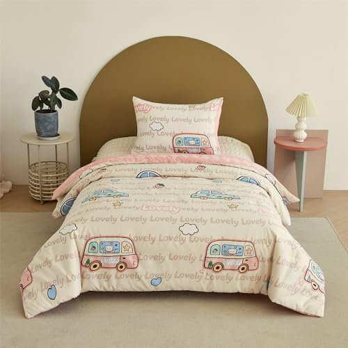 Couette Parure de lit 140x200cm Duvet Pour Enfants 2 pièces Beige Rose 1 Couette et 1 Taie d'oreiller 65x65 Coton Respirant Dessin Animé Mignon Bus voiture Pour Enfants Adolescents Garçons filles