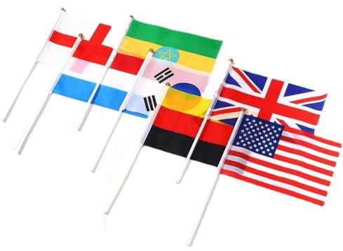 Rockreyoa 32 Stücke Verschieden Länder Flagge Handflagge Set Fahne mit Flaggenstab Kleine Nationalflaggen Weltflaggen Party Dekorationen für Olympische Spiele Weltmeisterschaft Sportfeier 14 * 21cm