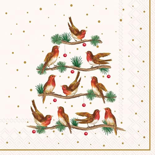 20 Servietten Weihnachten Singende Vögel auf Ast als Tischdeko. Papierservietten mit Motiv. Auch für Decoupage und Serviettentechnik 33x33cm