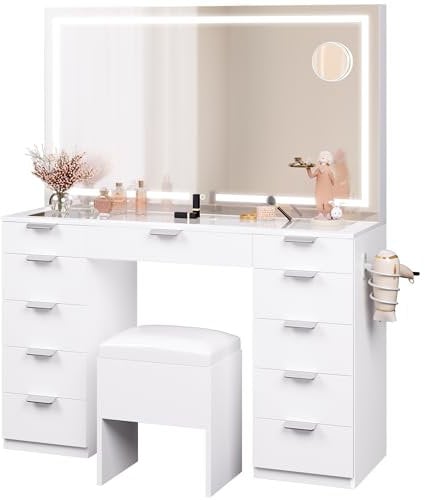 YITAHOME Dressing Table & Stool set,Vanity Table w/ 3-Color LED Lights Mirror,Lights Brightness Adjustable,Transparent Glass Top Makeup Table with 11 Drawers,Power Outlet,Whtie Makeup Desk for Bedroom
