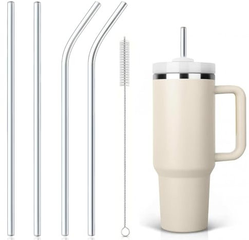 Stanley Cup Straw Replacement 4 Pcs Metal Straws for Stanley Cup 40oz Reusable Straw for Stanley Cup Accessories with Cleaning Brush (Curved + Straight)