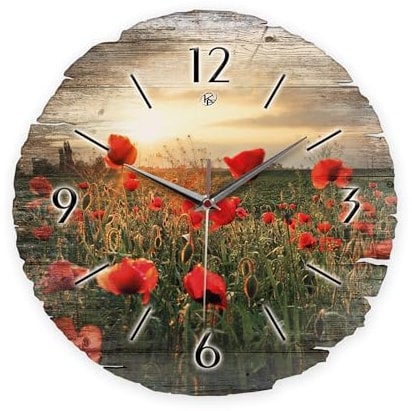 Kreative Feder Runde Wanduhr „Mohnblumen-Feld“ aus Naturholz mit flüsterleisem Uhrwerk; Durchmesser 30cm (Mohnblumen-Feld, leises Funkuhrwerk)