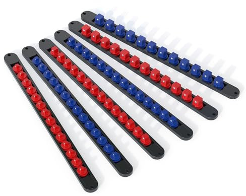 FivePears 6PCS 360° Socket Organizer Twist Lock,3/8 1/4 1/2 Socket Storage Rails, Premium Quality Socket Holders for Tool Box ，Tool Carts，Contains up to 80 Clips (Blue & Red)