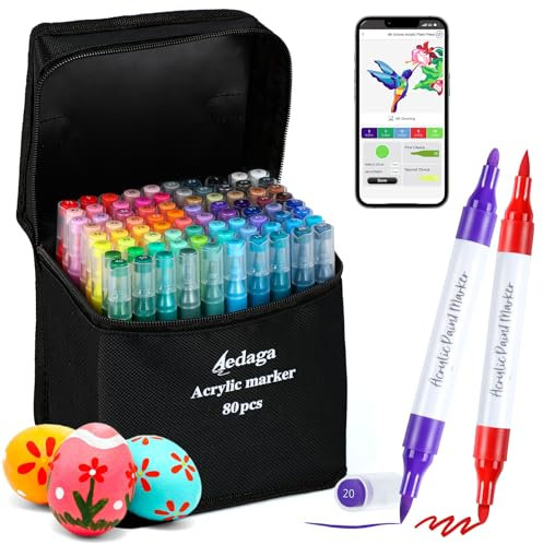80 Colours Numbered Acrylic Paint Pens with Free App, Dual Tip Acrylic Paint Markers with Brush Tip and Fine Tip for Adults, Kids, Eggs, Wood, Rock, Canvas, Plastic, Stone, Glass, Ceramic