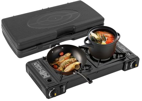 Réchaud à gaz portable à 2 brûleurs, réchaud de camping, réchaud d'extérieur avec sac de transport pour l'intérieur et l'extérieur
