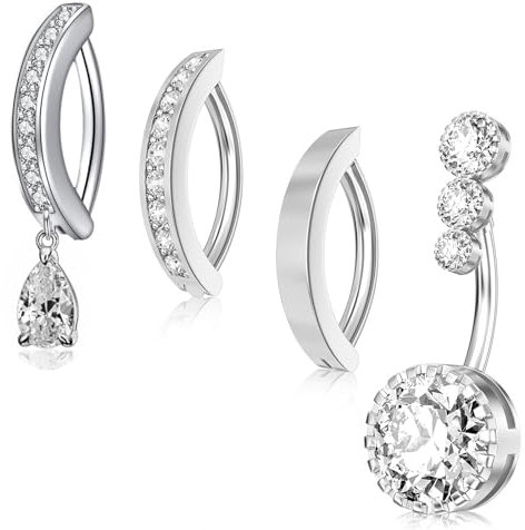 Auiremrti 4 pcs 14G piercing nombril,Clicker anneau abdominal pour femme,acier inoxydable chirurgical CZ piercing nombril,anneau ombilical inversé,argent,bijou nombril