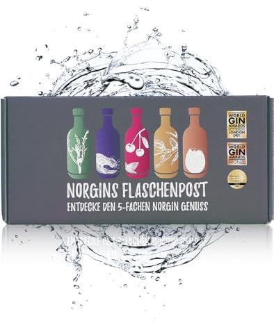 Gin Probierbox von NORGIN - 5 x 5cl Flaschenpost | Geschenk | Geschenkbox | Feiner Gin von der Norddeutschen Küste | Queller Salz Kirsche Minze Orange Bittermandel Marzipan Eierlikör