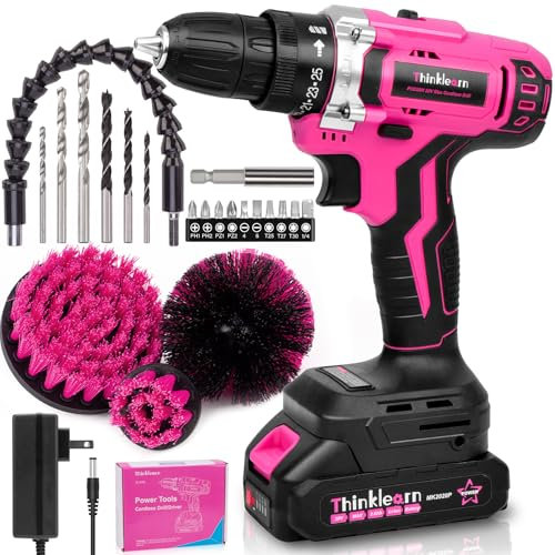 20V Pink Cordless Drill Set - Power Drill/Driver Kit with Drill Brush, Bit Set, 3/8 Keyless Chuck, 2 Variable Speed, 25+1 Torque Setting, Battery and Charger Included, Electric Drill for Home
