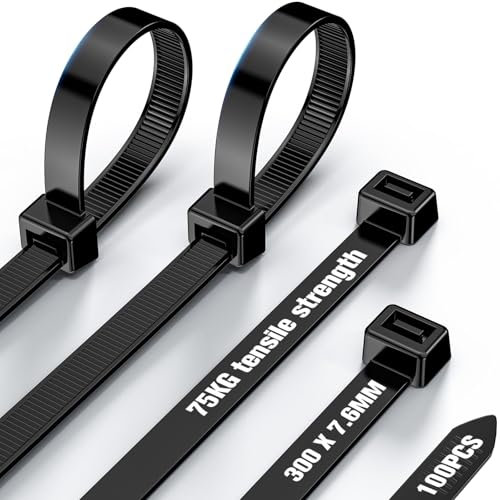 Fascette Plastica Nere 300×7,6mm, Fascette Elettricista Forte con 75 kg di Resistenza Alla trazione, Fascette Riutilizzabili Stringicavo 100 pezzi,per Famiglia,Giardino,Gestione dei cav