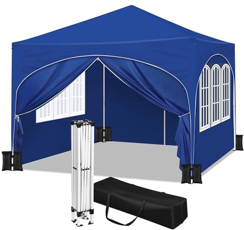 WOLTU Pavillon mit 4 Seitenteilen 4 Sandsäcke, Faltpavillon mit Halbmonddach Tragetasche, Gartenpavillon wasserfest stabil UV-Schutz, Partyzelt Outdoor höhenverstellbar, Blau