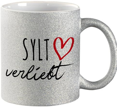 Huuraa Glitzer Tasse Sylt verliebt Geschenk 330ml Silber Sylt Präsent