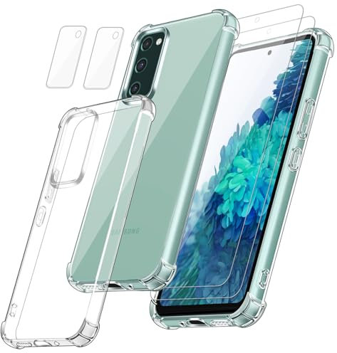Funda Compatible con Samsung Galaxy S20 FE 4G / 5G / S20 Fan Edition (no para S20), Carcasa con 2 Piezas Cristal Templado Protector de Pantalla y 2 Piezas Protector Camara, Transparente y Suave Case