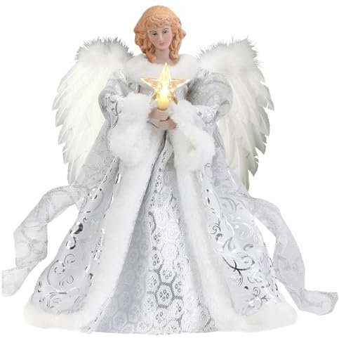 Cime d'Arbre De Noël Ange Topper - Statue Délicate Traditionnelle Avec Ailes De Plumes Blanches pour Sapin, Ornements De Noël, 25×30 CM