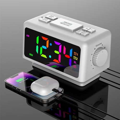 Radio Reveil Digital, Réveil Numérique, LED Horloge Digitale, avec 2 Modes d'Alarme, Minuterie, Réveil Digital avec Gradateur Continu, Volume de l'alarme Réglable, Snooze, 12/24H, Port USB (Blanc)