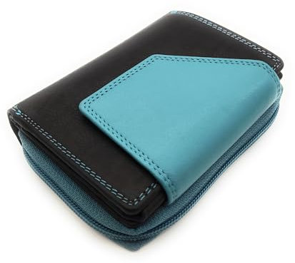 echt Leder Damen Geldbörse Portemonnaie Geldbeutel viele Fächer, RFID Schutz, Bicolor (schwarz blau)