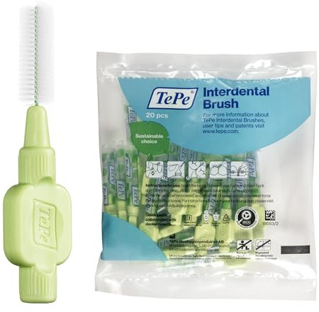 TePe Interdental Brush, Extra Soft, Green, 0.8mm/ISO 5, 20pcs, plaque removal, efficient clean between the teeth, tooth floss, for small gaps